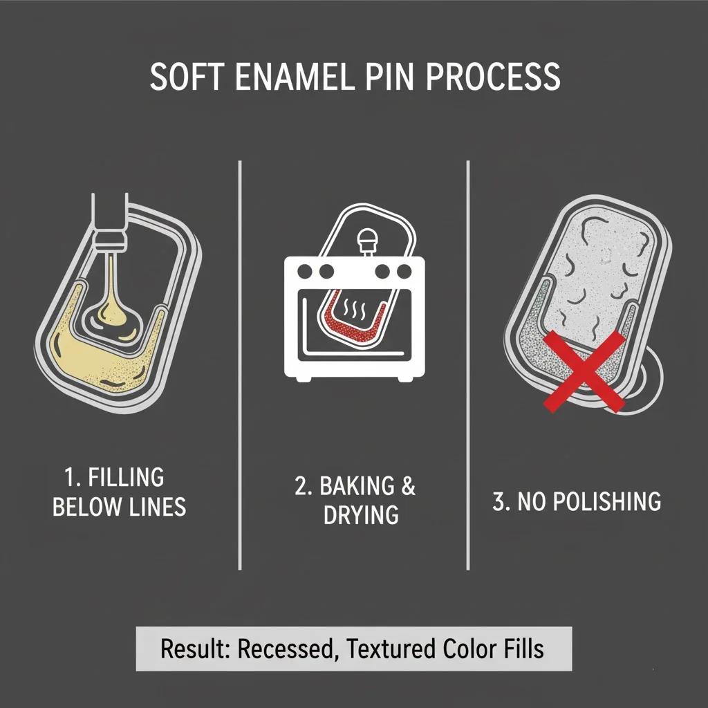 A diagram showing the soft enamel process: filling enamel *below* the metal lines, leaving a textured result.