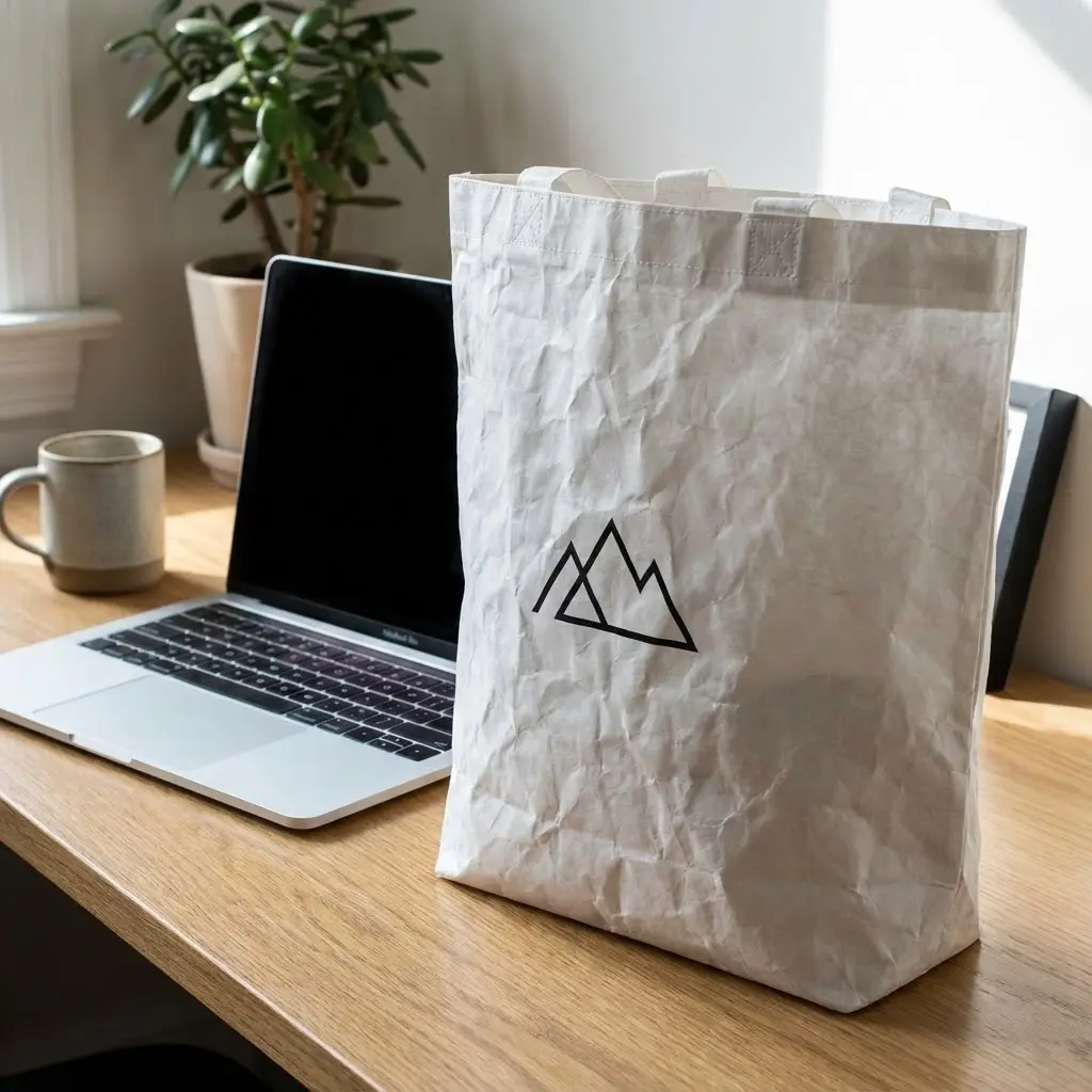 A stylish, crumpled white Tyvek tote bag with a minimalist black logo standing next to a laptop.
