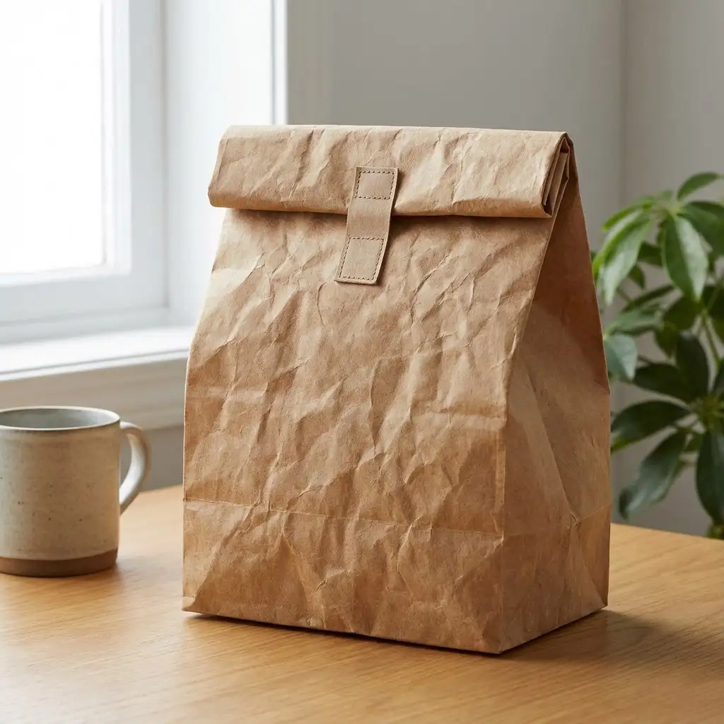 Brown Tyvek lunch bag with roll-top closure, looking like a kraft paper bag.