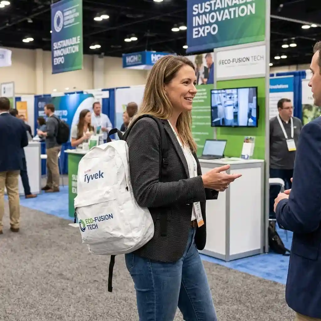 A professional carrying a lightweight custom Tyvek backpack at a trade show, demonstrating comfort and ease of use.