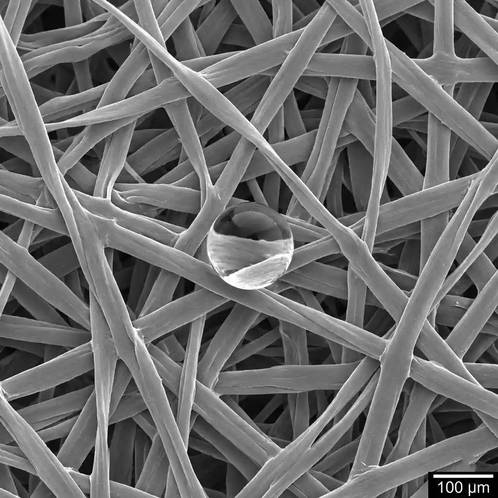 Microscopic view of Tyvek's dense, flash-spun HDPE fibers demonstrating why it is tear-resistant and water-repellent.
