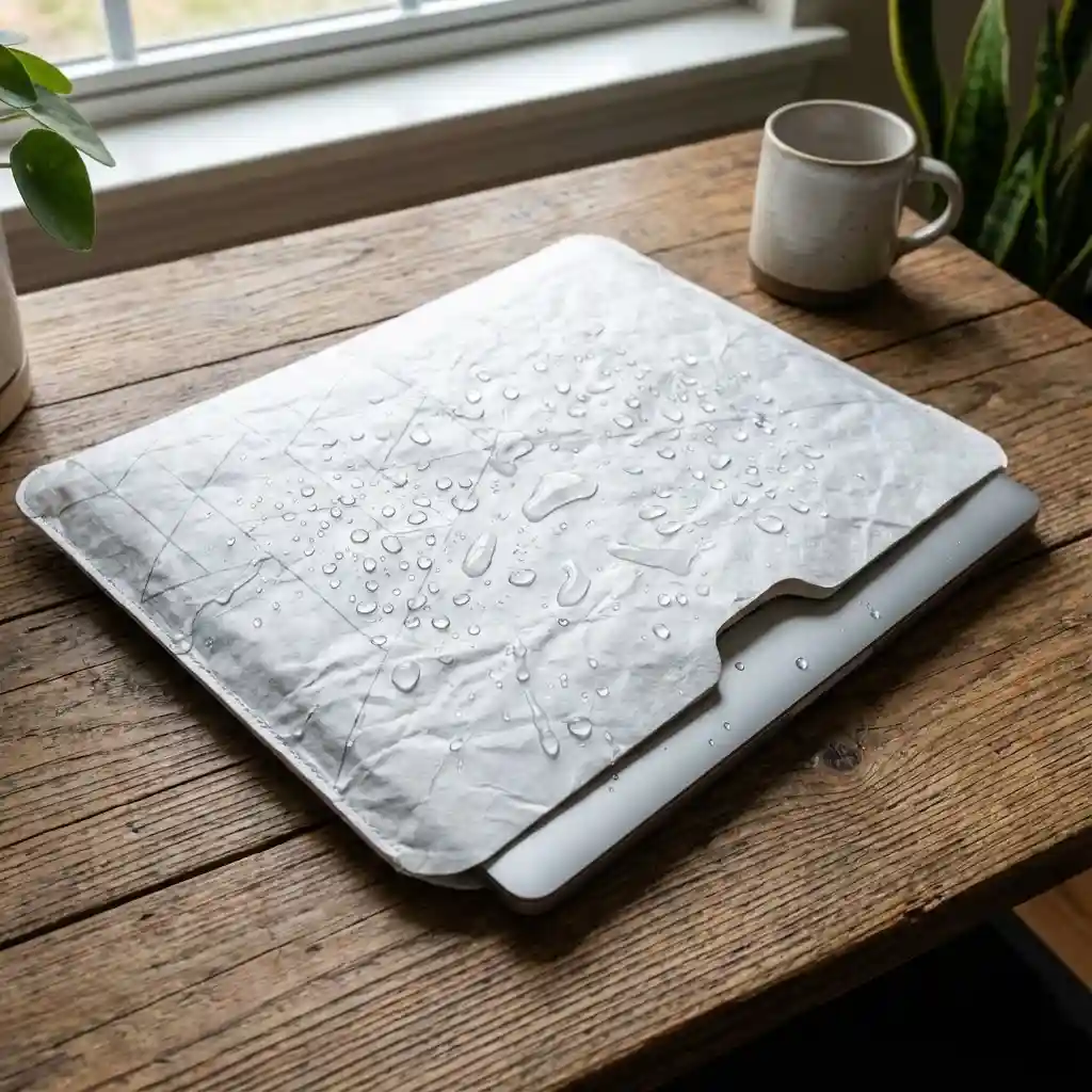 A sleek custom Tyvek laptop sleeve with water droplets beading on the surface, protecting the electronics inside.
