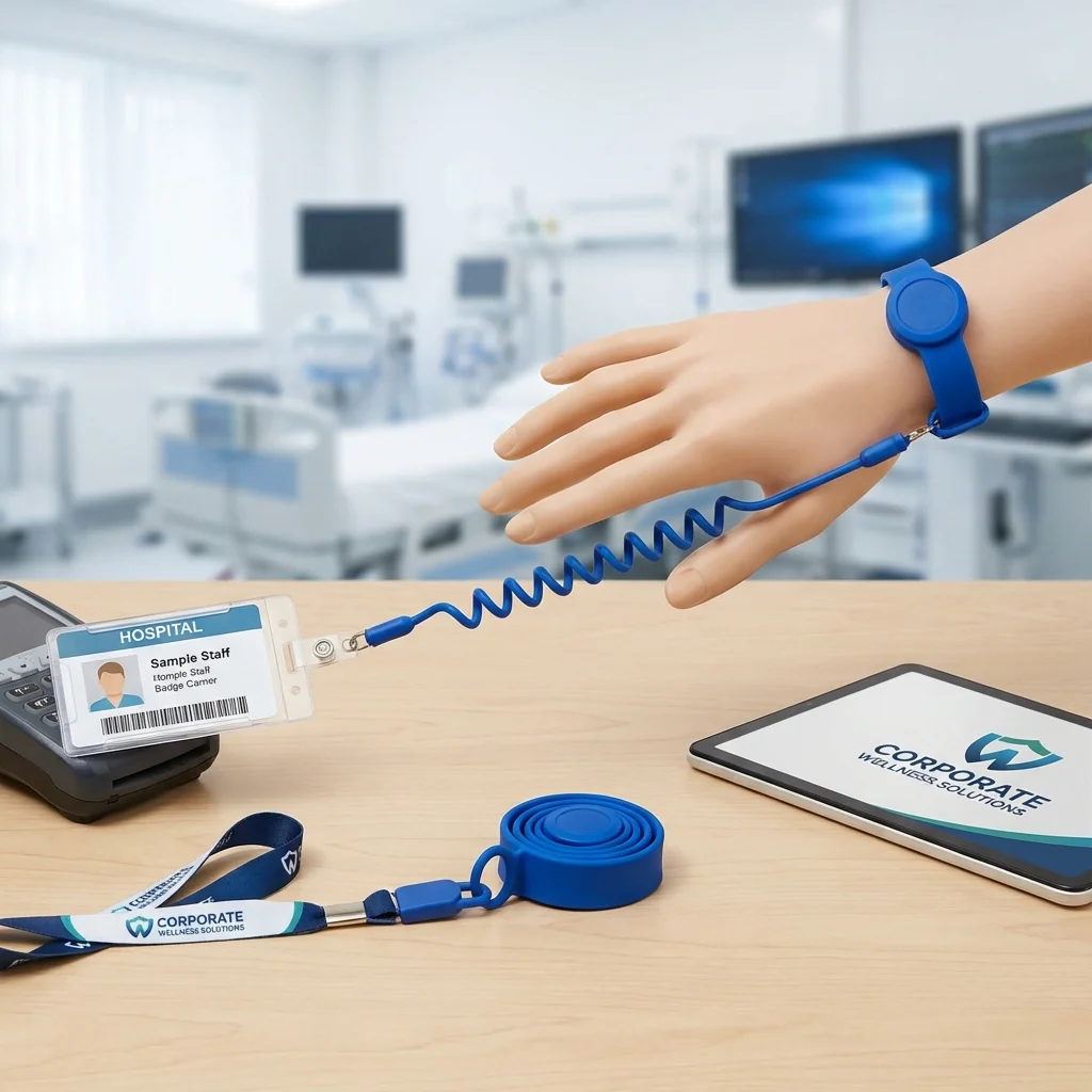 Retractable badge wristband with elastic coil stretch for hospital ID cards.