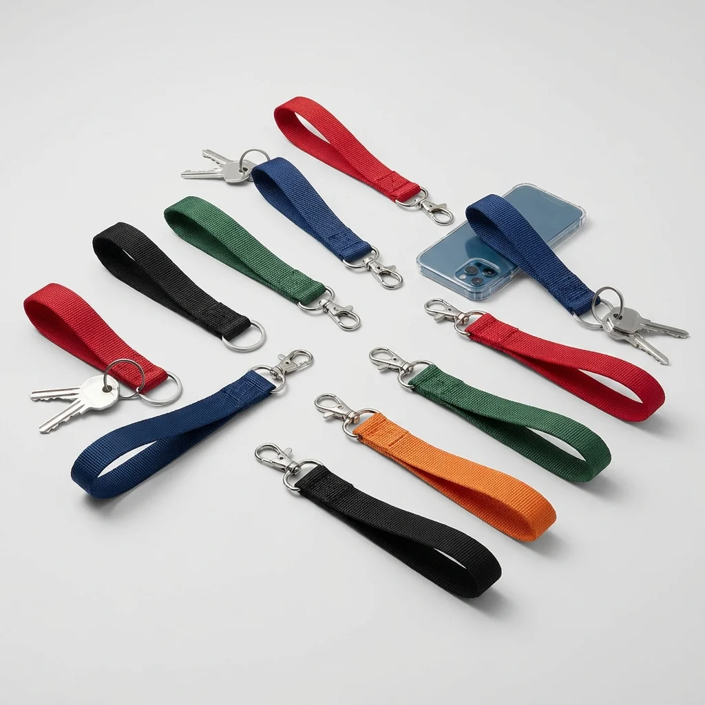 A collection of colorful custom wrist lanyards with metal clasps, attached to keys and phones.