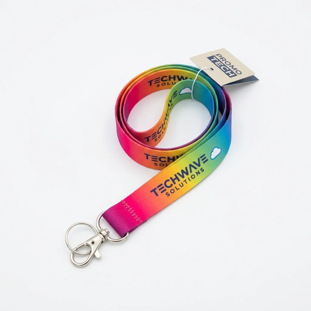 Colorful printed nylon wrist lanyard with full-bleed dye-sublimation graphics.