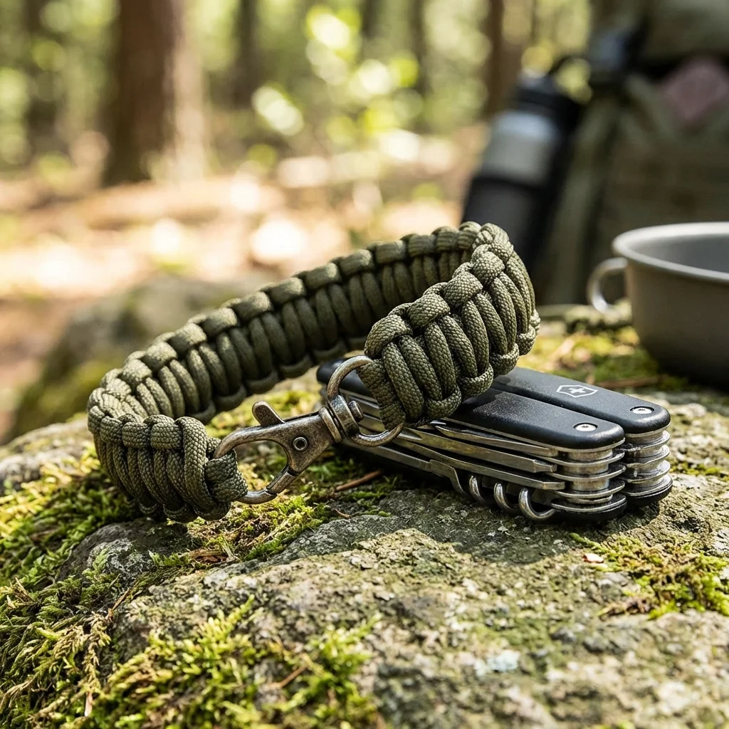 Army green braided paracord survival wrist strap with metal clasp.