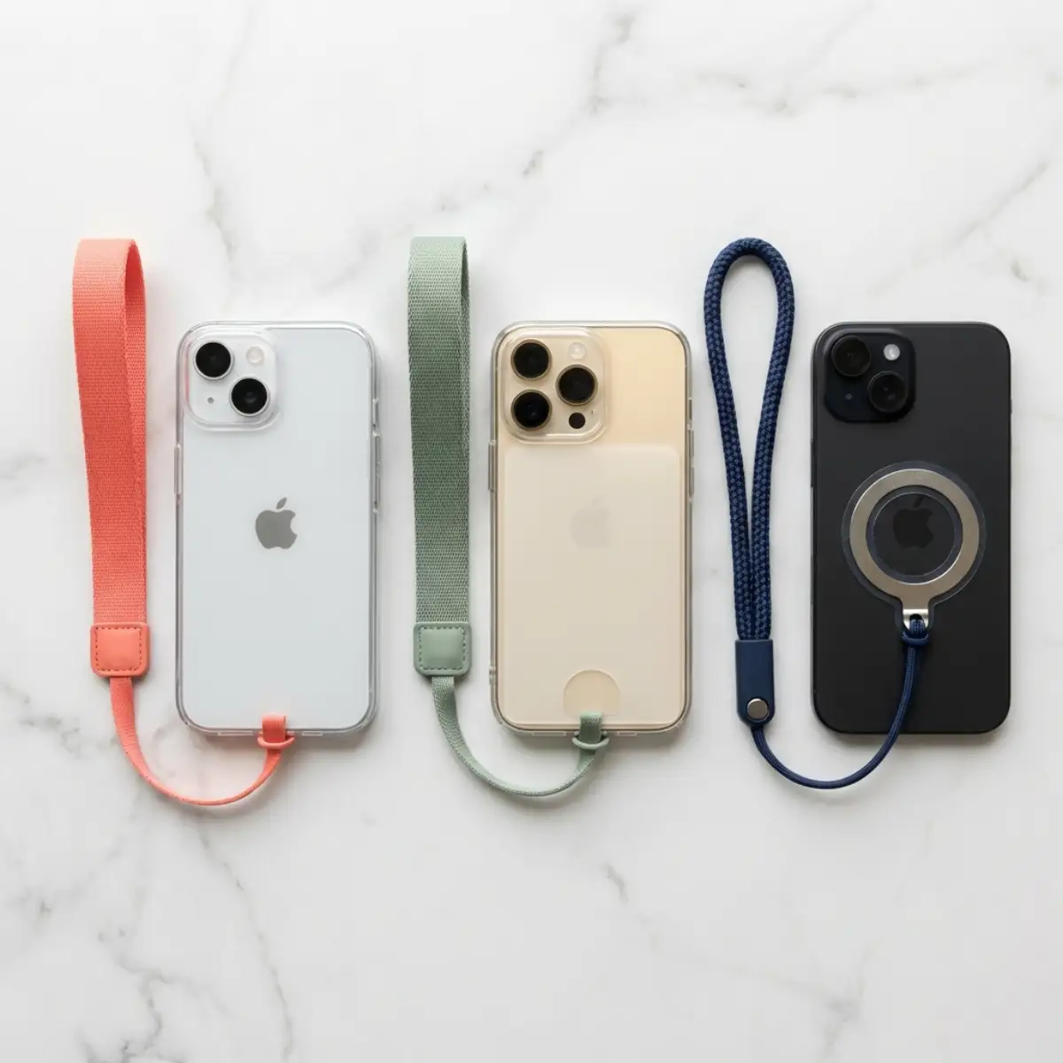 Different phone wrist strap attachment methods: tab, card, and adhesive patch.