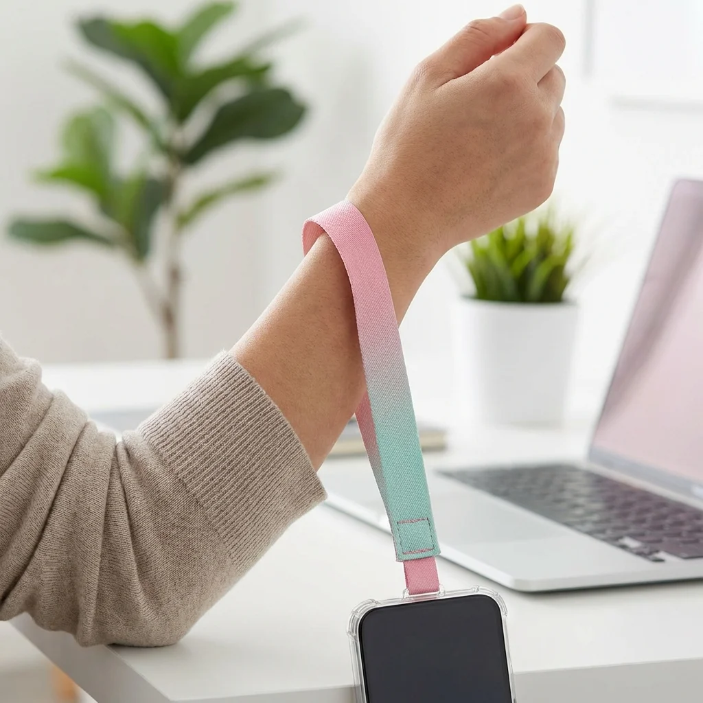 Colorful nylon phone wrist strap with universal tab connector.