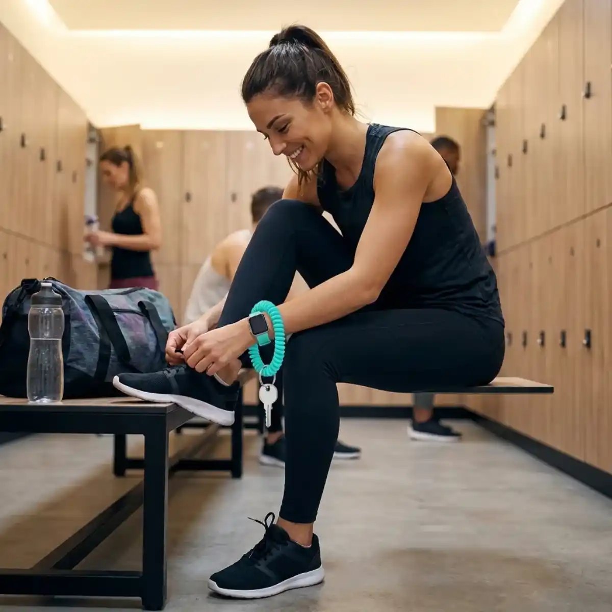 Coil silicone wrist keychain for gym locker keys, shown on workout equipment.