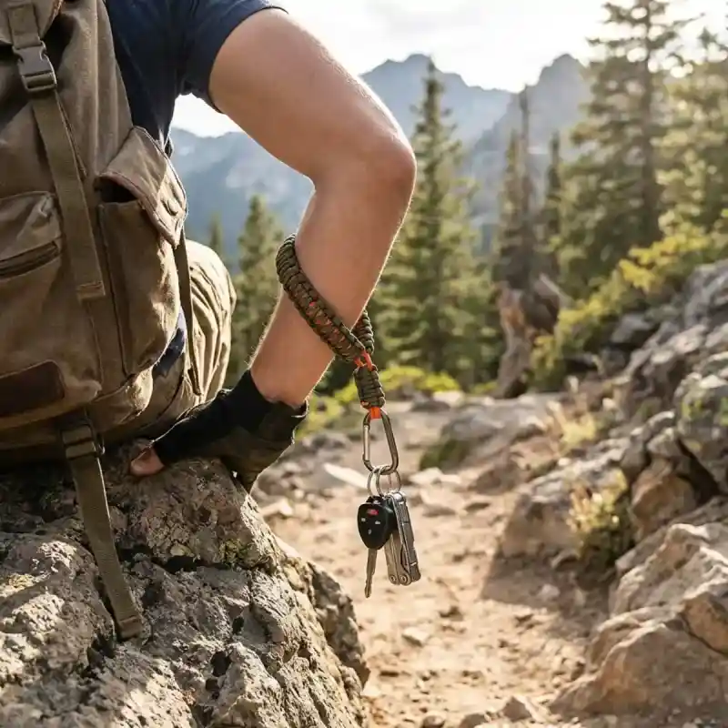 Hiker using paracord wrist lanyard for multi-tool and keys during outdoor adventure.