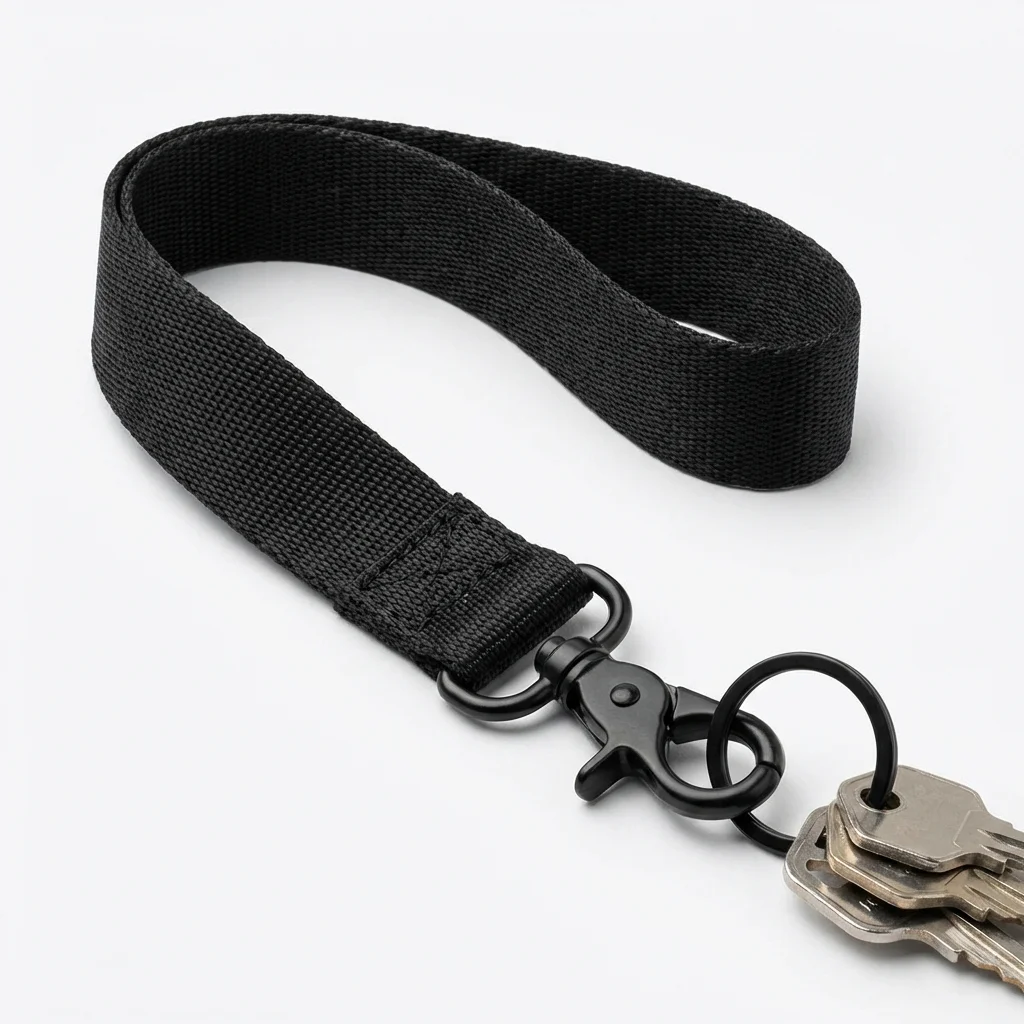 Nylon wrist keychain strap with lobster claw clasp and split ring.