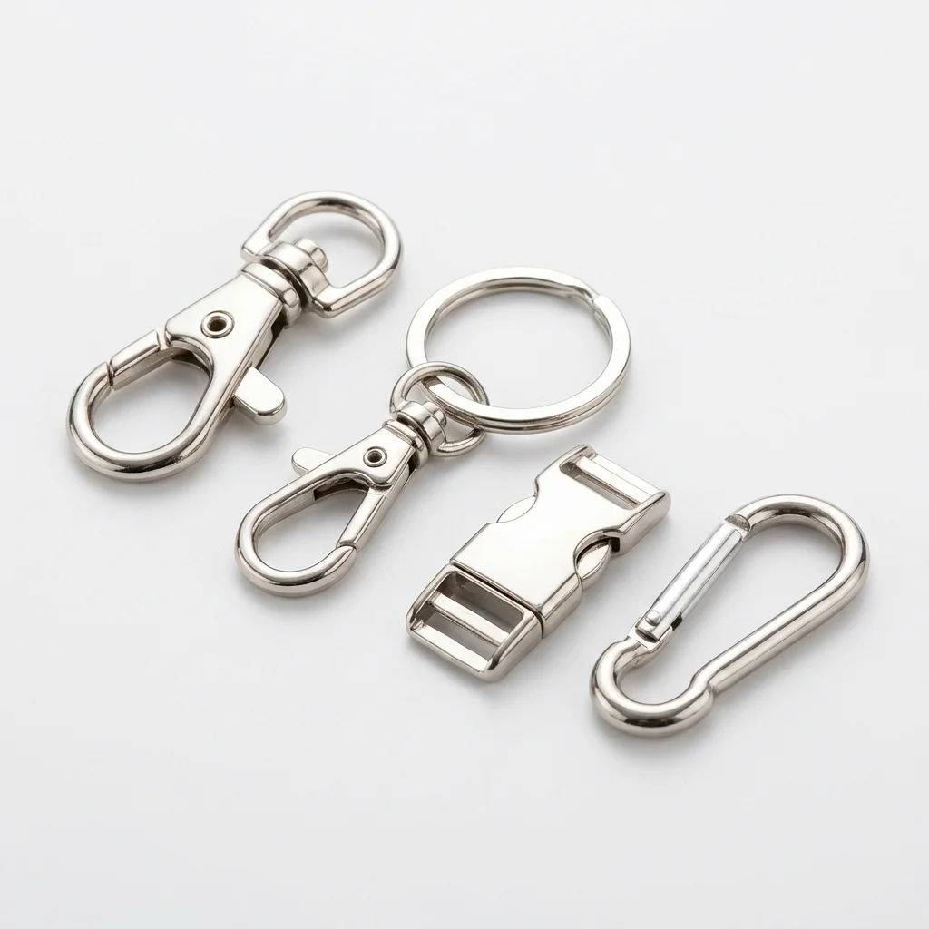 Various clasp options for wrist lanyards: lobster claw, split ring, phone tab.