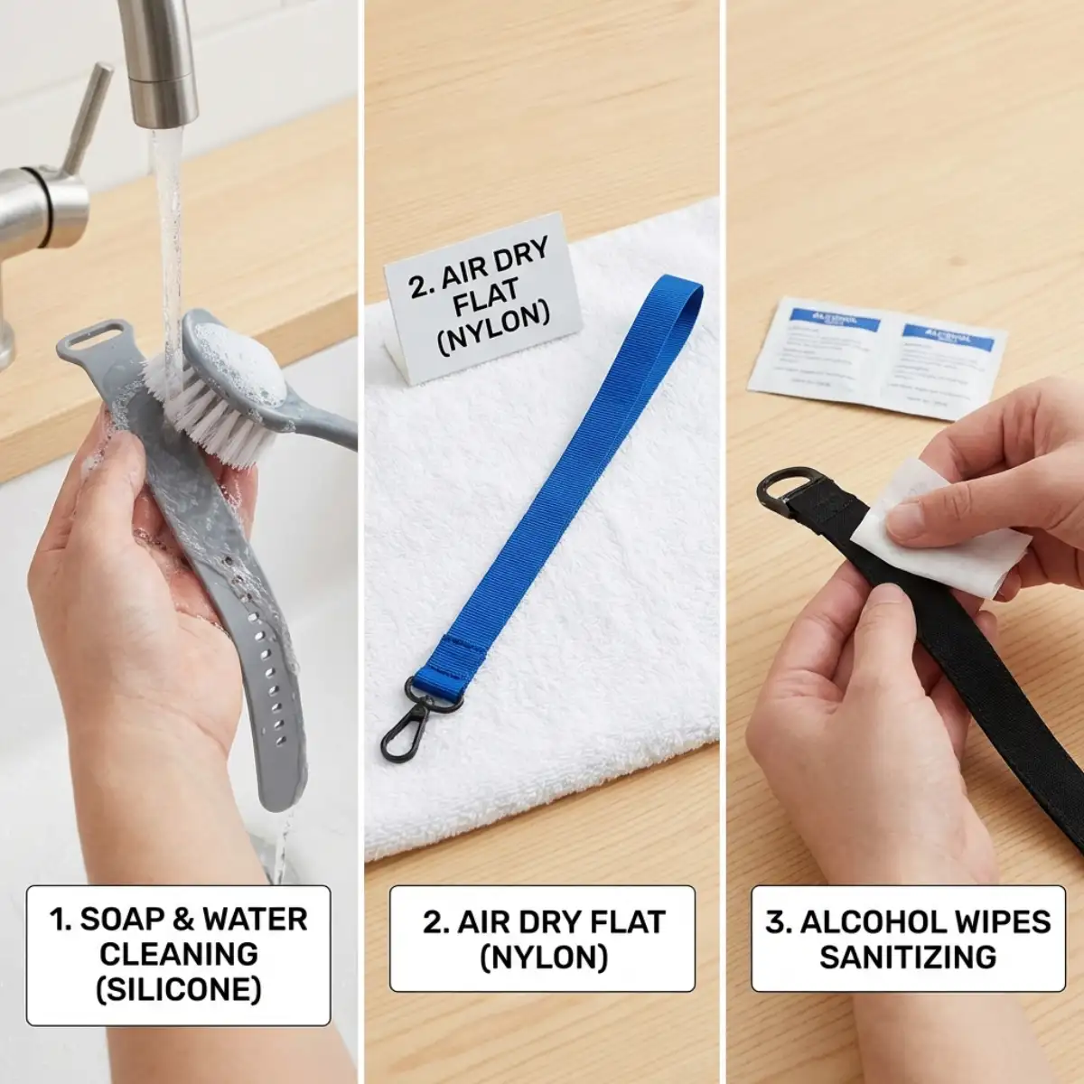 Cleaning and care guide for different wrist lanyard materials.