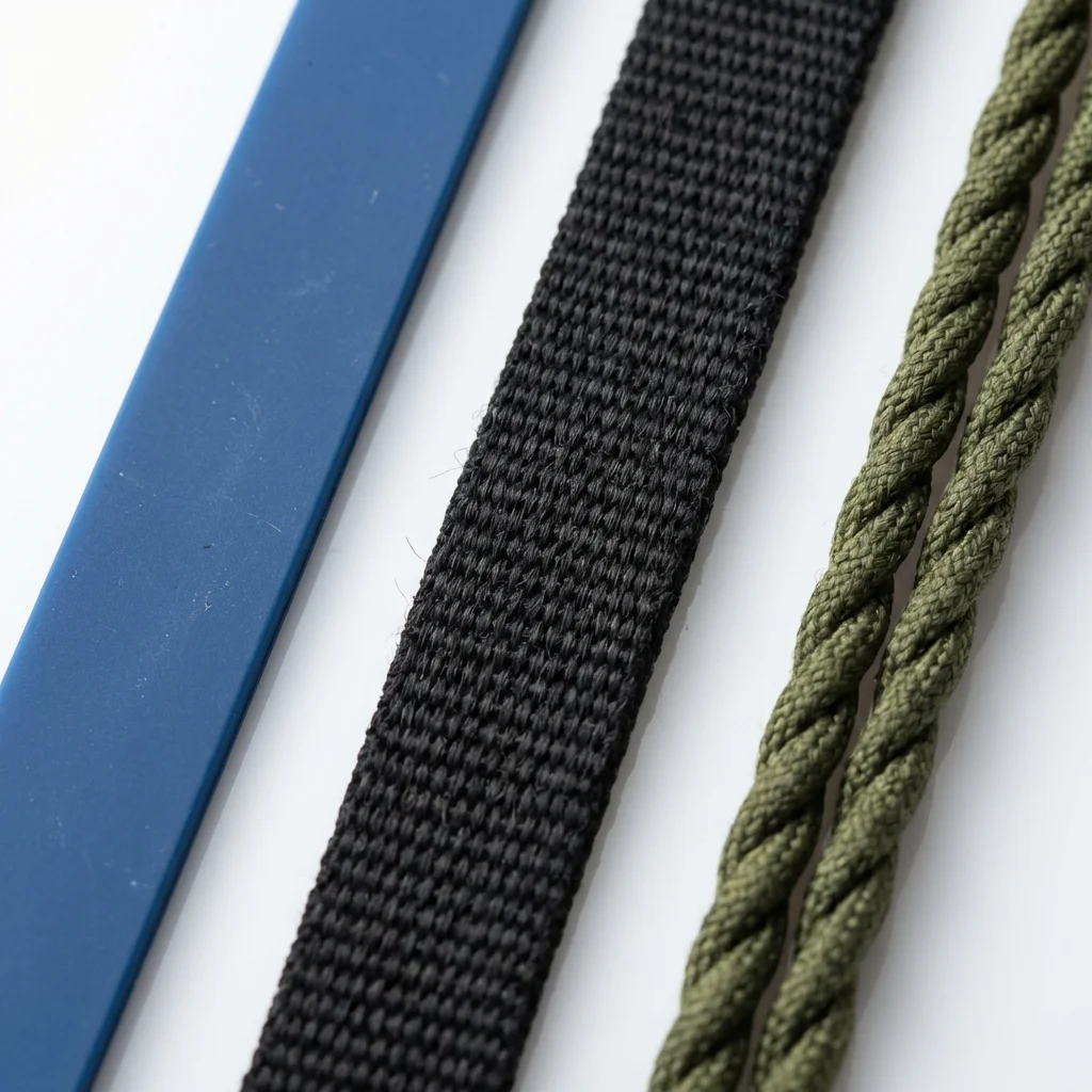 Close up of different wrist lanyard materials: silicone, nylon, paracord, and TPU.