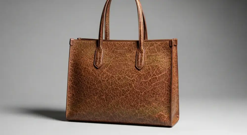 Luxury Mycelium Leather Tote Bag in earth tone, studio lighting.