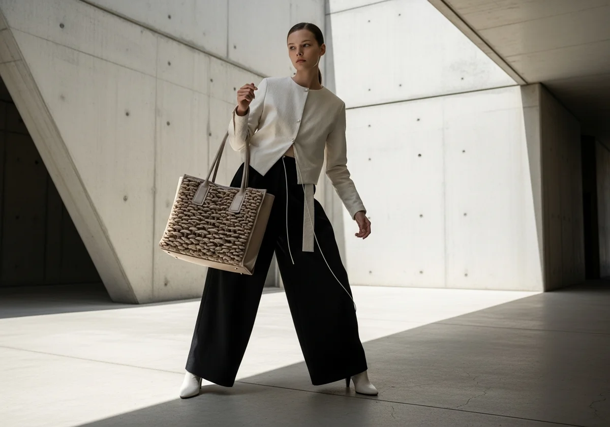 Model holding a structured Mycelium leather tote (Genesis Shopper).
