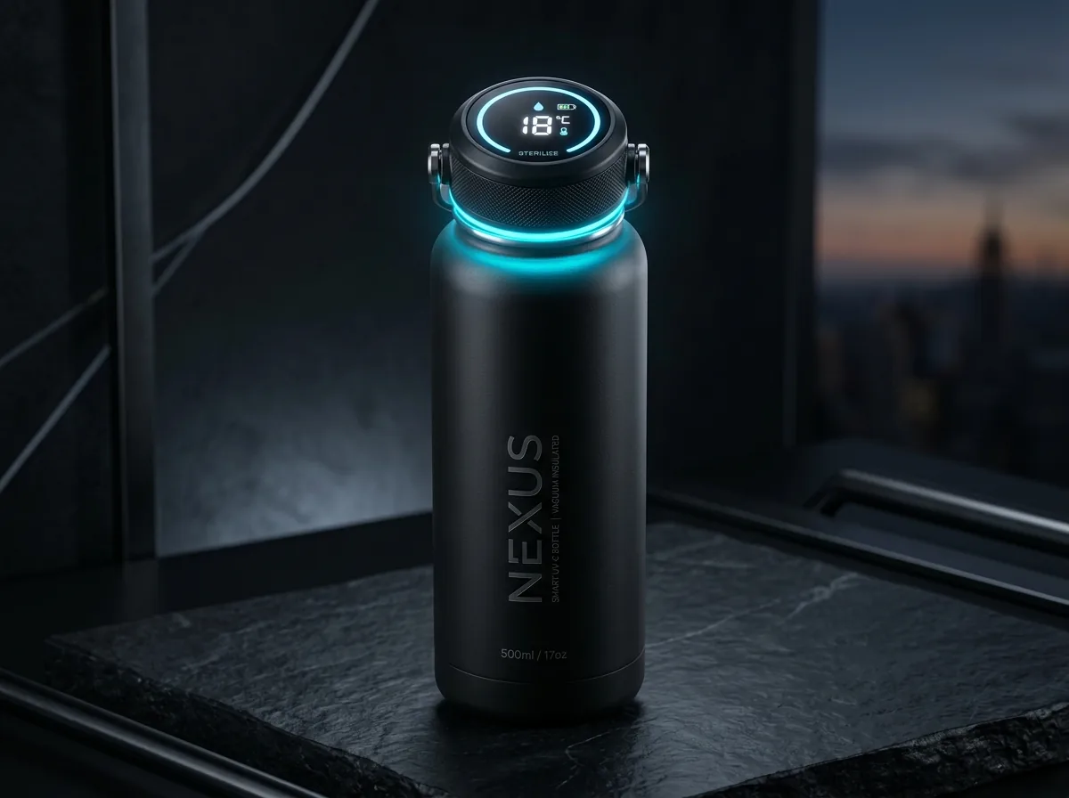 UV-C LED smart water bottle cap with automated sterilization and digital temperature touch display