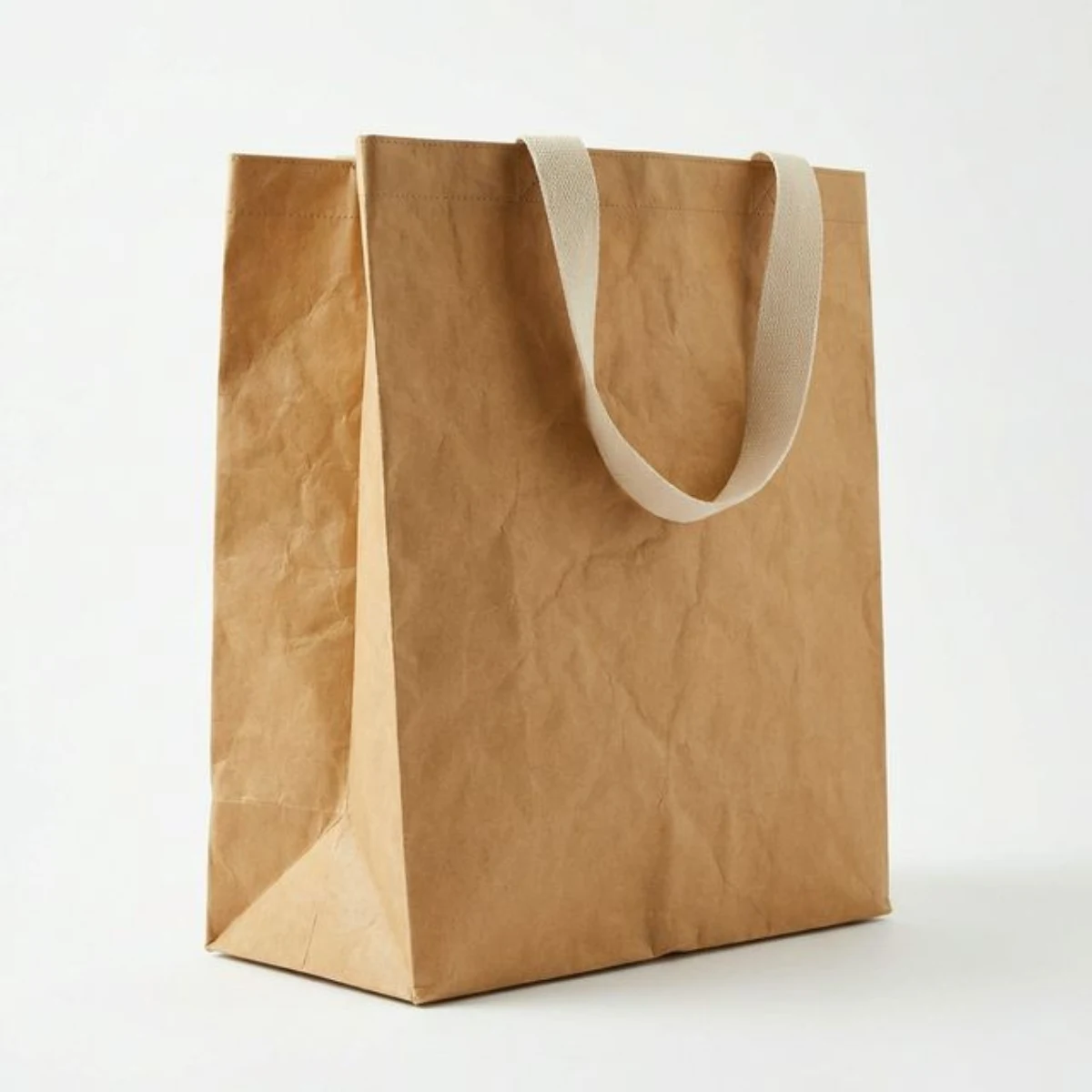 A standard shopper kraft tote with bottom gusset for extra volume.