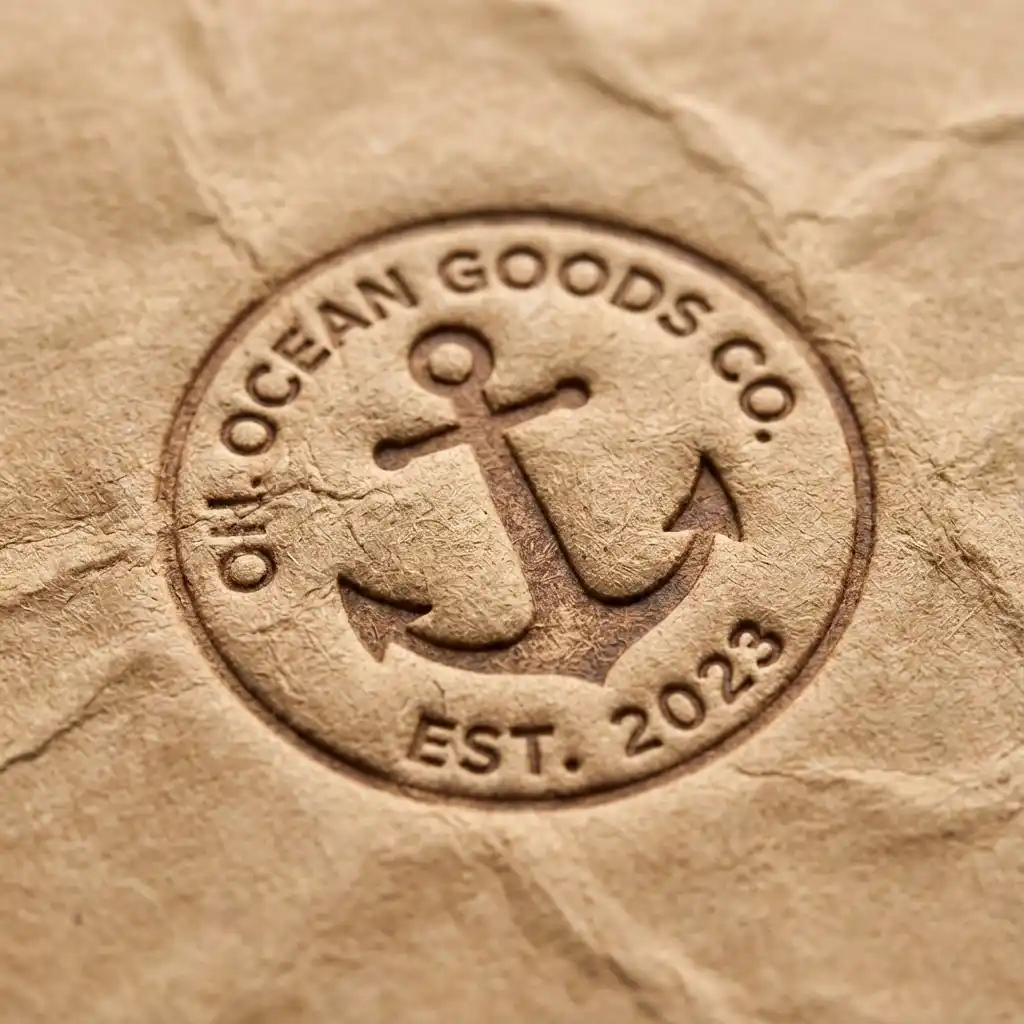 Close up of debossed logo on kraft paper showing depth.