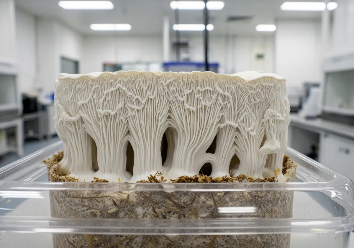 Raw mycelium foam block before compressing.