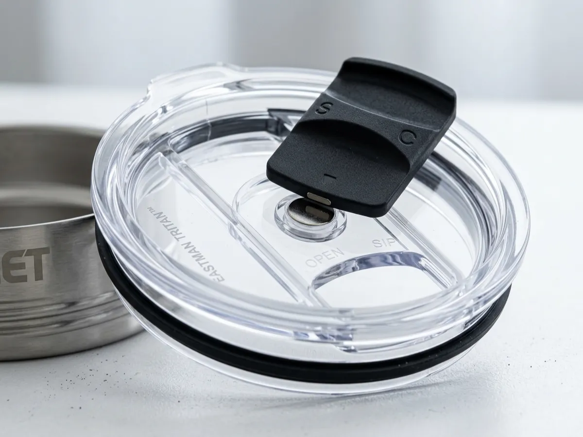 Modular magnetic slider lid engineered with food-grade silicone seals for zero-leak corporate tumblers