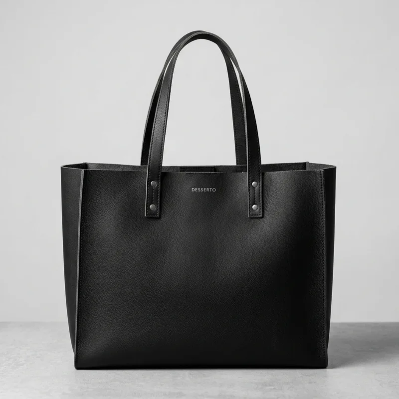 Structured black cactus leather shopper tote bag with debossed logo.