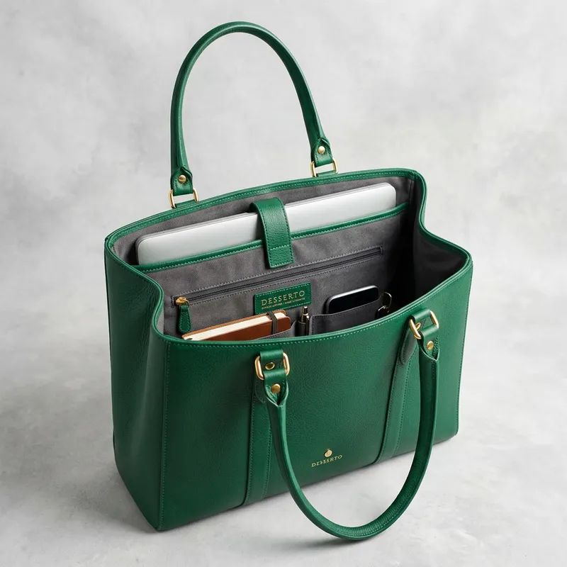 Emerald green structured cactus leather work tote bag showing laptop compartment.