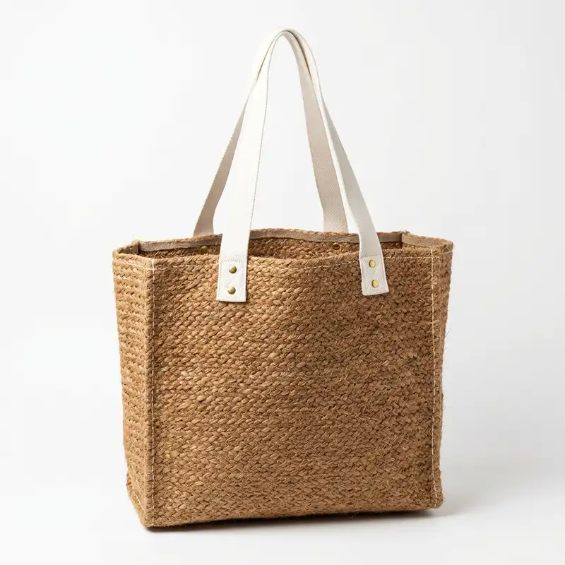 Classic natural brown woven coconut coir open top shopper bag.