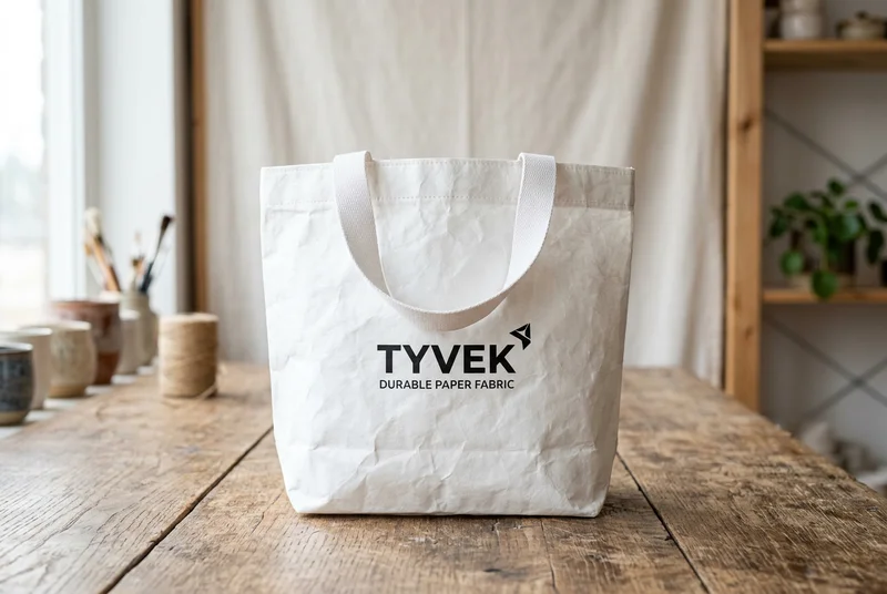 Minimalist white Tyvek open top tote bag showing crisp paper-like folds and texture.