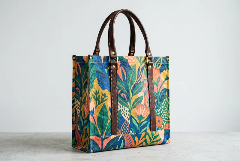 Fashionable full color printed Tyvek tote bag with premium leather handles.