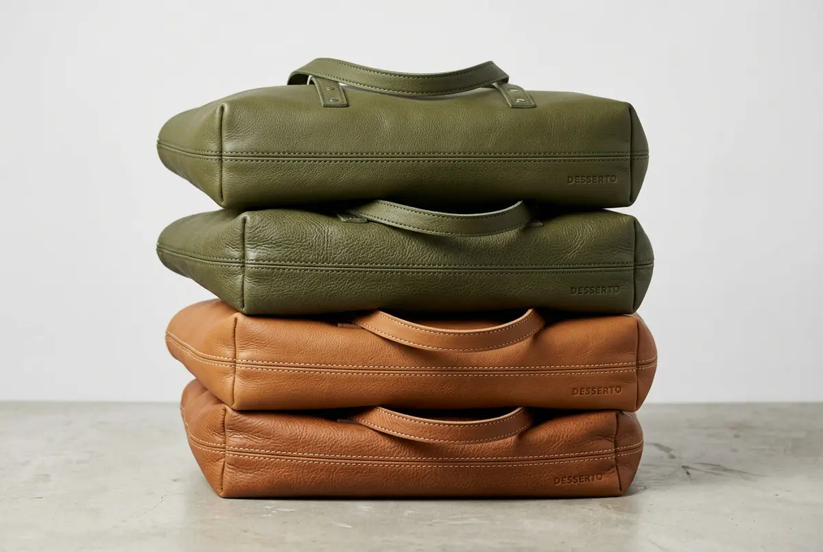 A stack of olive green and cognac brown custom cactus leather tote bags.