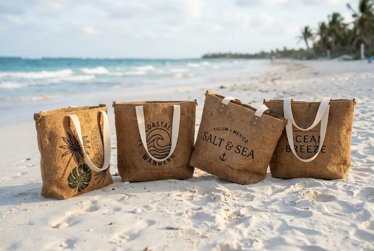 Four printed coconut fiber beach shopper bags lined on a white sand beach.