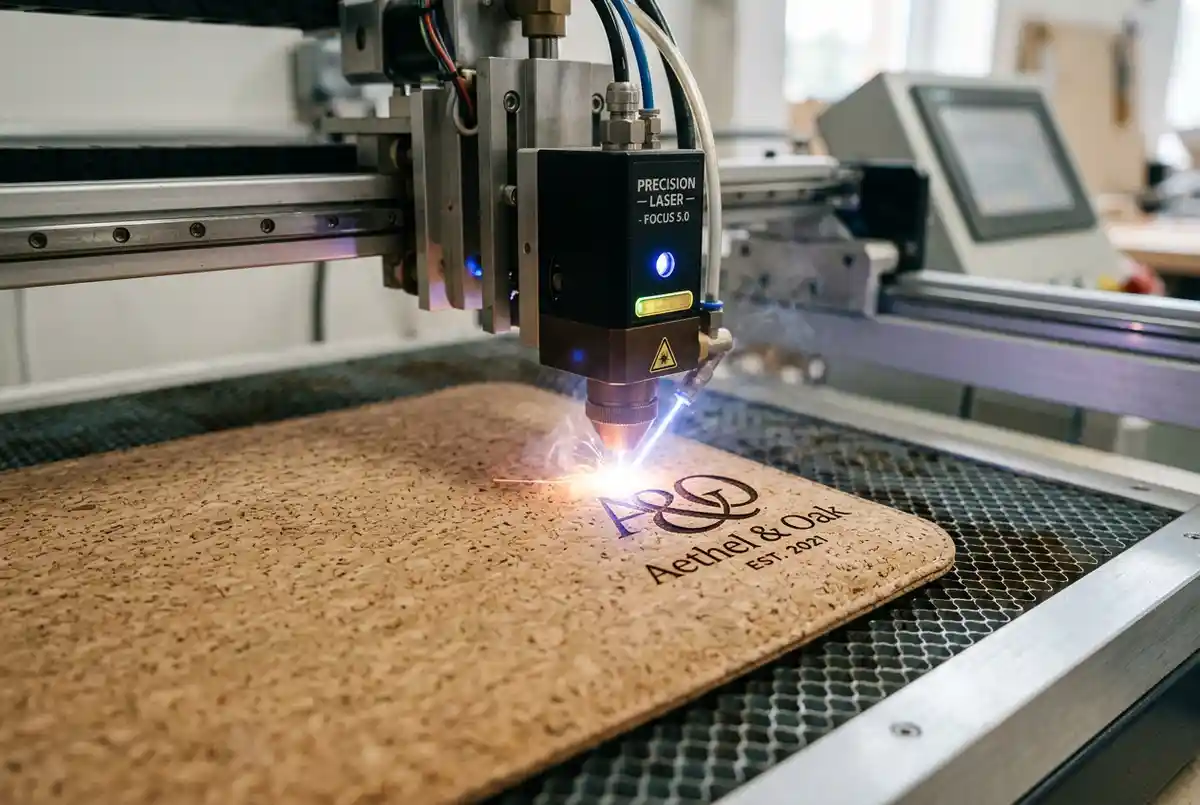 Laser engraving corporate logo onto a custom laptop sleeve surface.