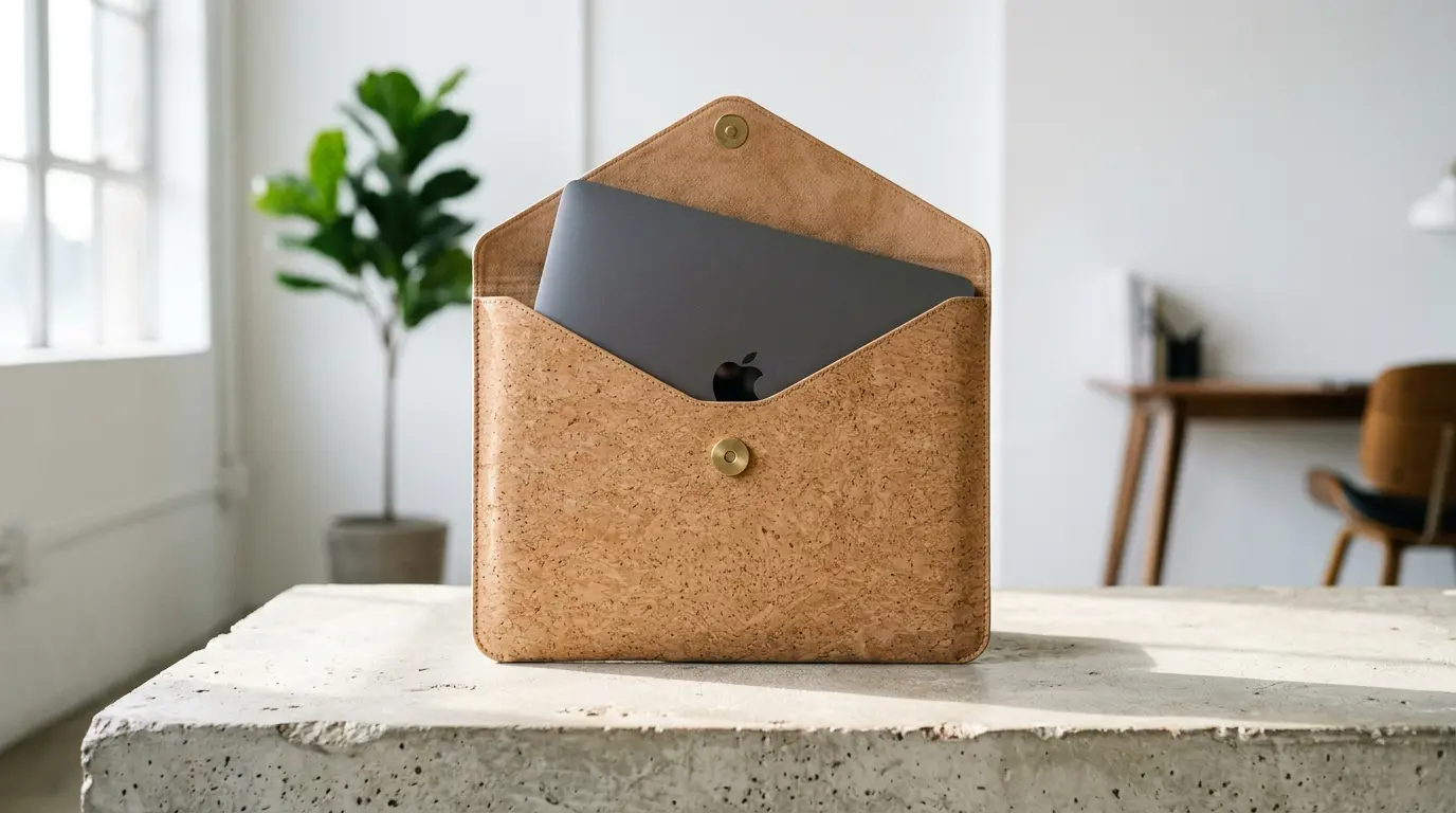 Minimalist natural cork laptop sleeve with elegant envelope closure on a slate block.