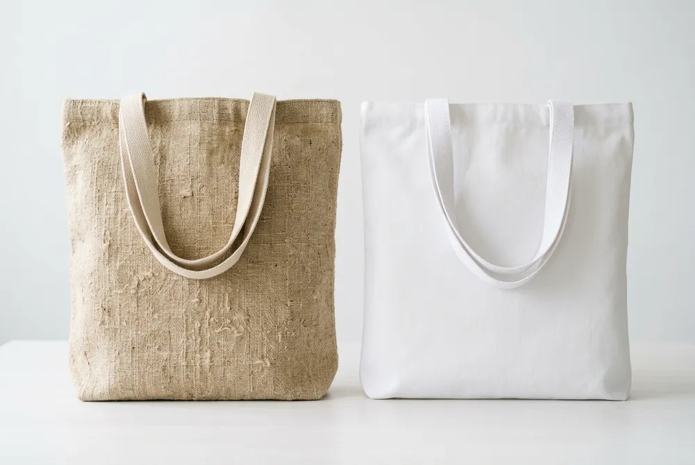 Minimalist organic hemp tote bag next to a standard cotton tote bag