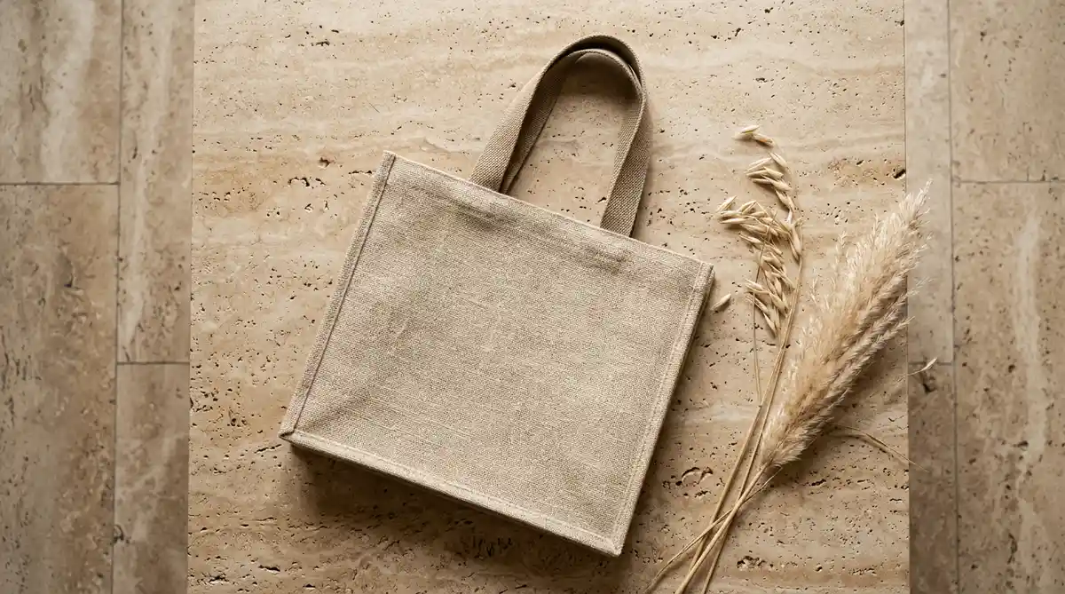 Flat lay of natural light beige organic hemp tote bags showing coarse linen-like woven textures on a light stone background.