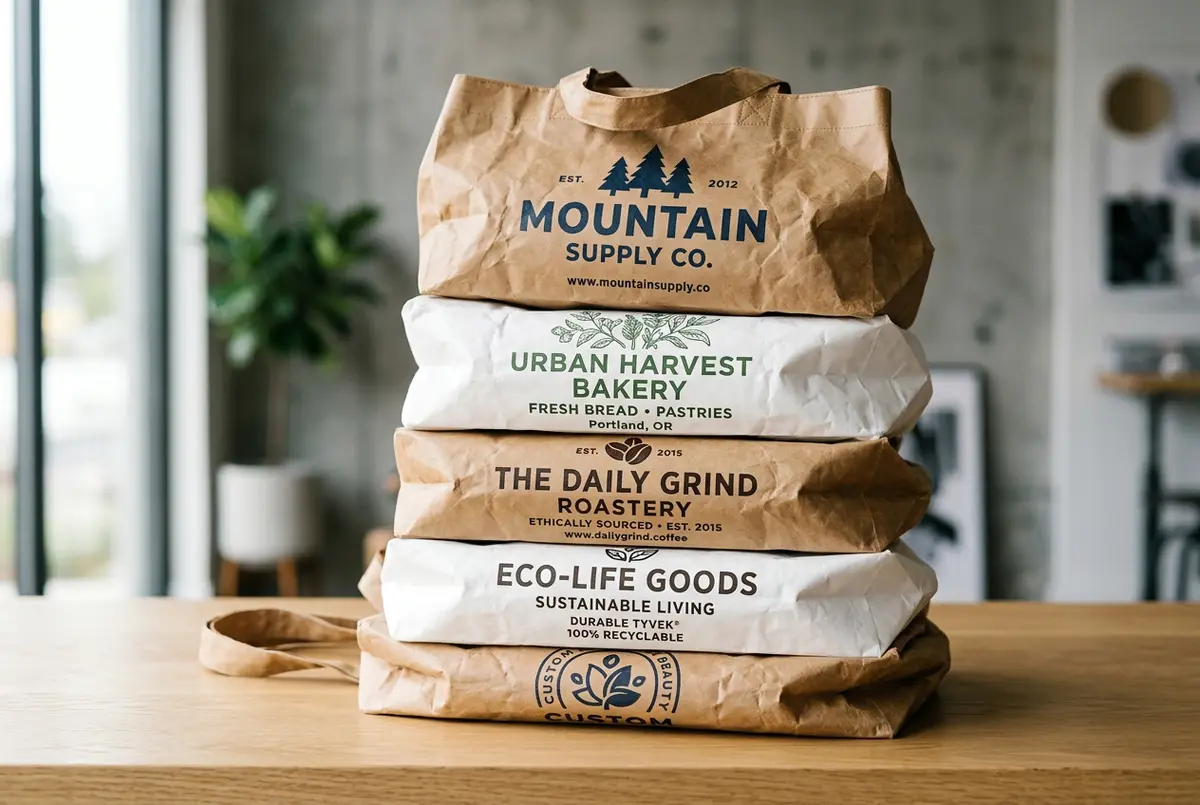 A collection of custom printed white and natural brown Tyvek tote bags.