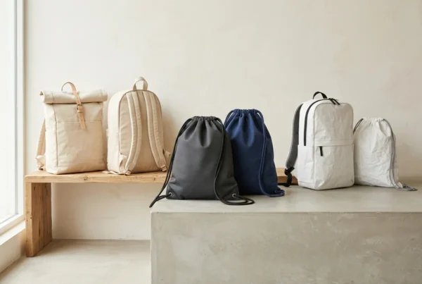 A selection of premium custom backpacks and drawstring bags made of organic canvas, heavy-duty polyester, and Tyvek on a minimalist bench.