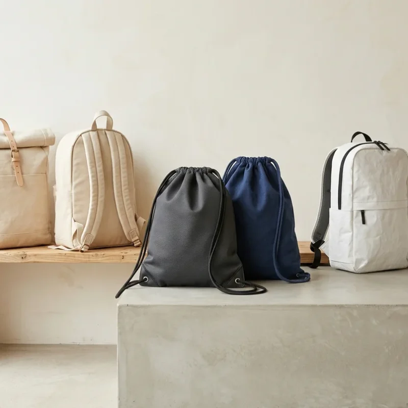 A selection of premium custom backpacks and drawstring bags made of organic canvas, heavy-duty polyester, and Tyvek on a minimalist bench.