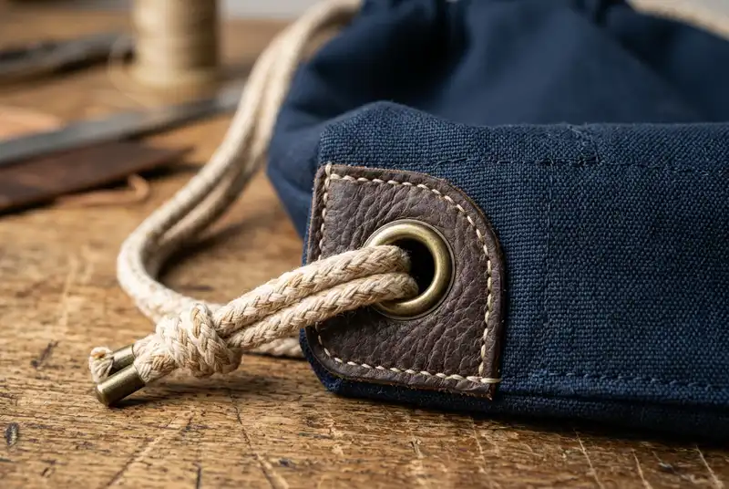 Close-up of a dark blue custom polyester drawstring bag with reinforced leather corners and thick cords.