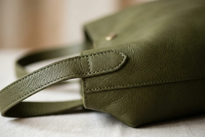 Luxury olive green Desserto cactus leather tote bag showing smooth premium vegan finish.