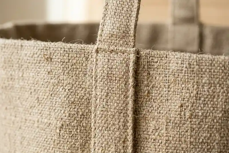Close-up of a premium custom organic hemp fiber tote bag highlighting raw natural texture and fine stitching.