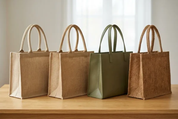 Four premium custom eco friendly tote bags made of hemp, jute, cactus leather, and coconut coir fibers displayed on a bright wooden surface.