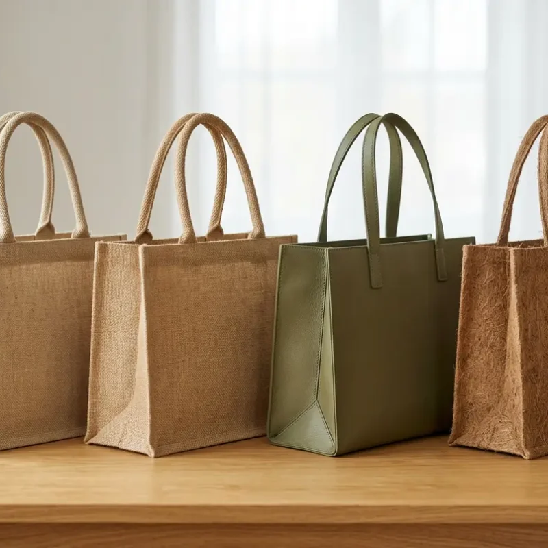 Four premium custom eco friendly tote bags made of hemp, jute, cactus leather, and coconut coir fibers displayed on a bright wooden surface.