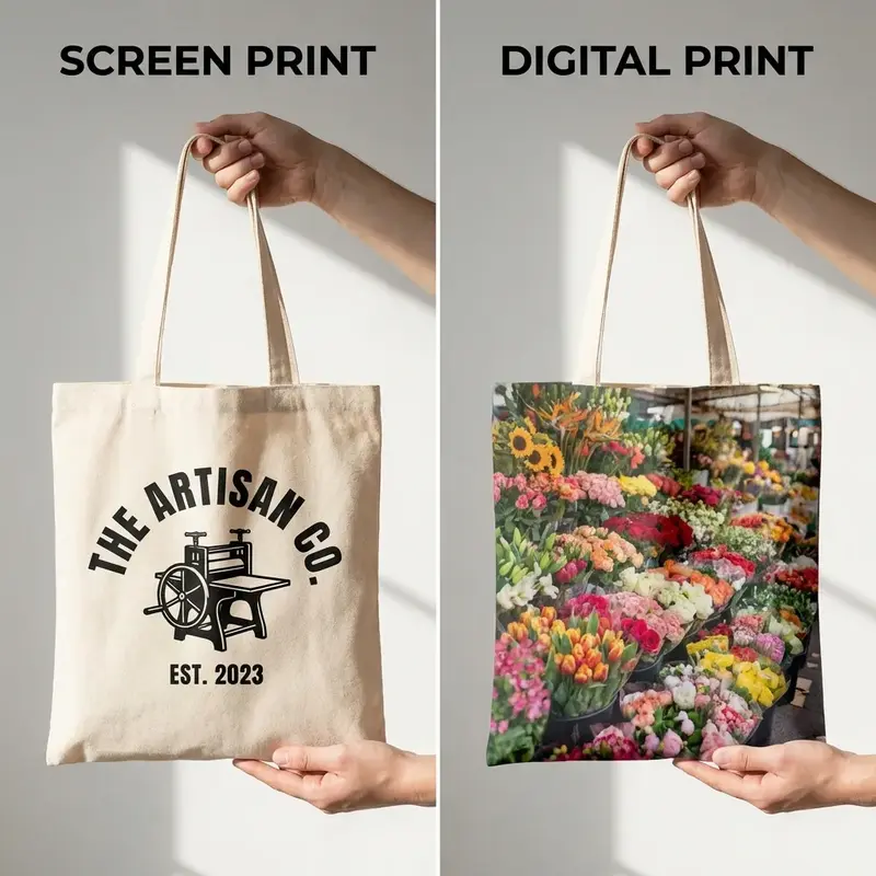 Screen printed logo vs digital full color print on tote bags.