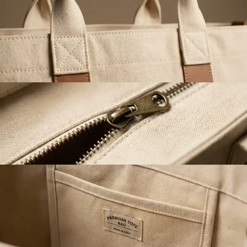 Close up of reinforced handles, zippers, and inner pockets on a tote bag.