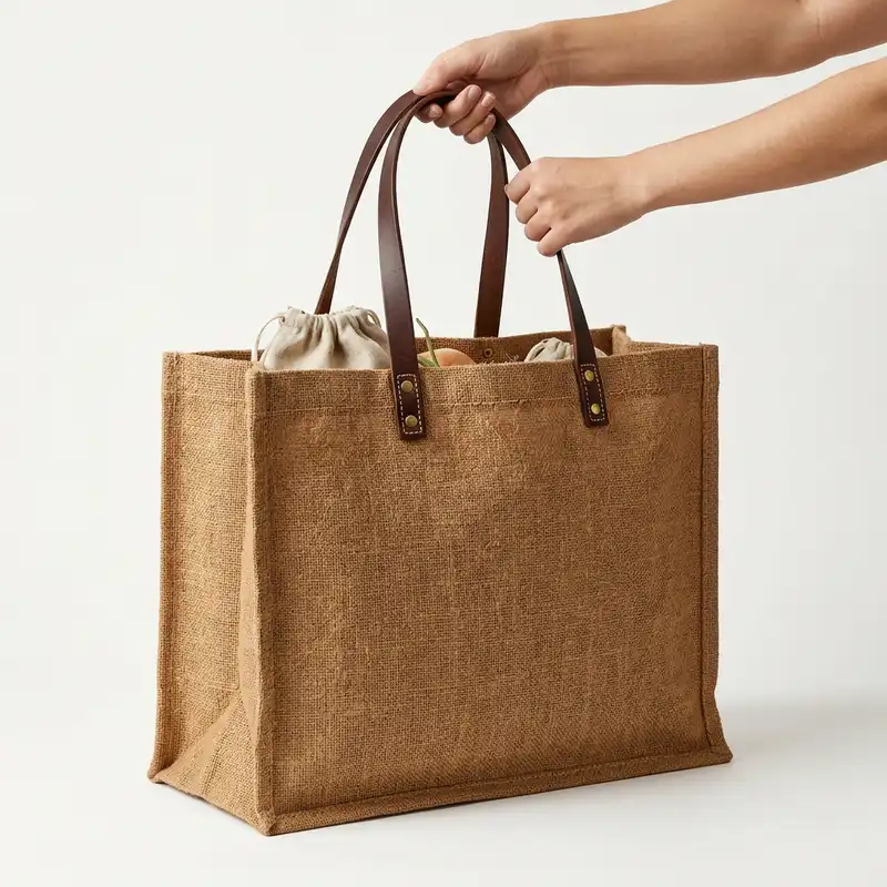 Coarse natural brown coconut fiber market bag with riveted leather straps.
