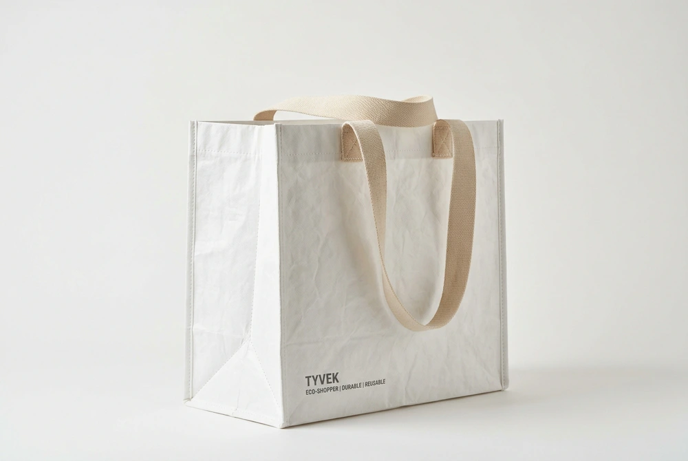 Structured heavy duty Tyvek grocery shopper bag with side gussets.