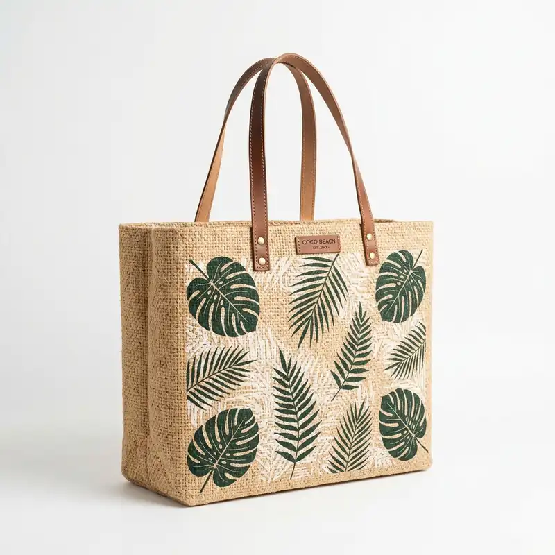 Printed coconut fiber beach tote bag with green monstera and palm patterns.