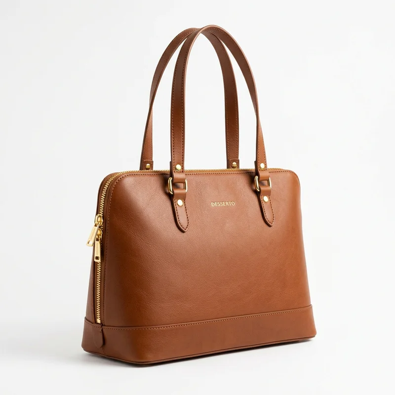 Cognac brown zippered cactus leather tote bag with gold zipper.